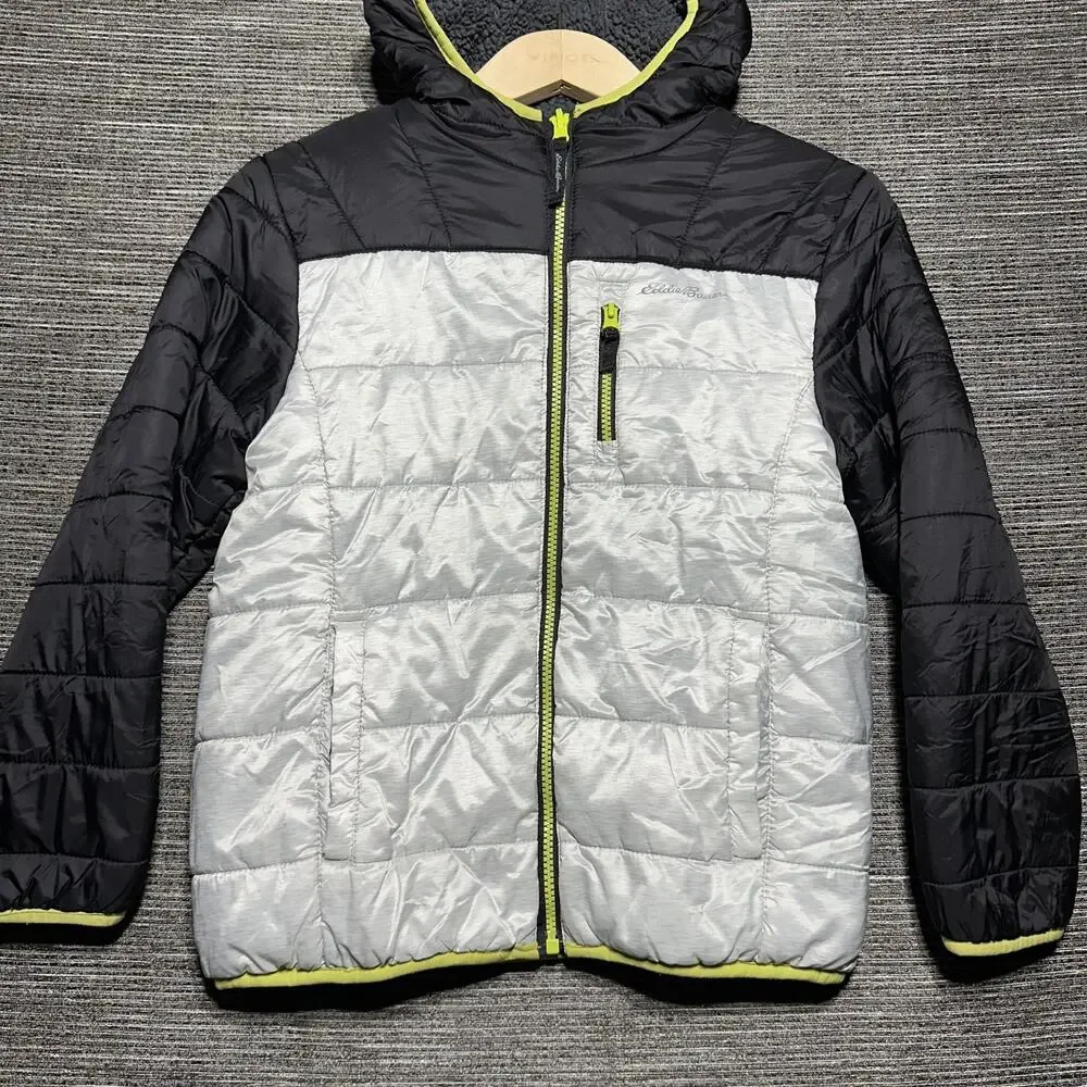 Eddie Bauer Jacket Kids M (10/12) Gray Black Full Zip Fleece Puffer Nylon